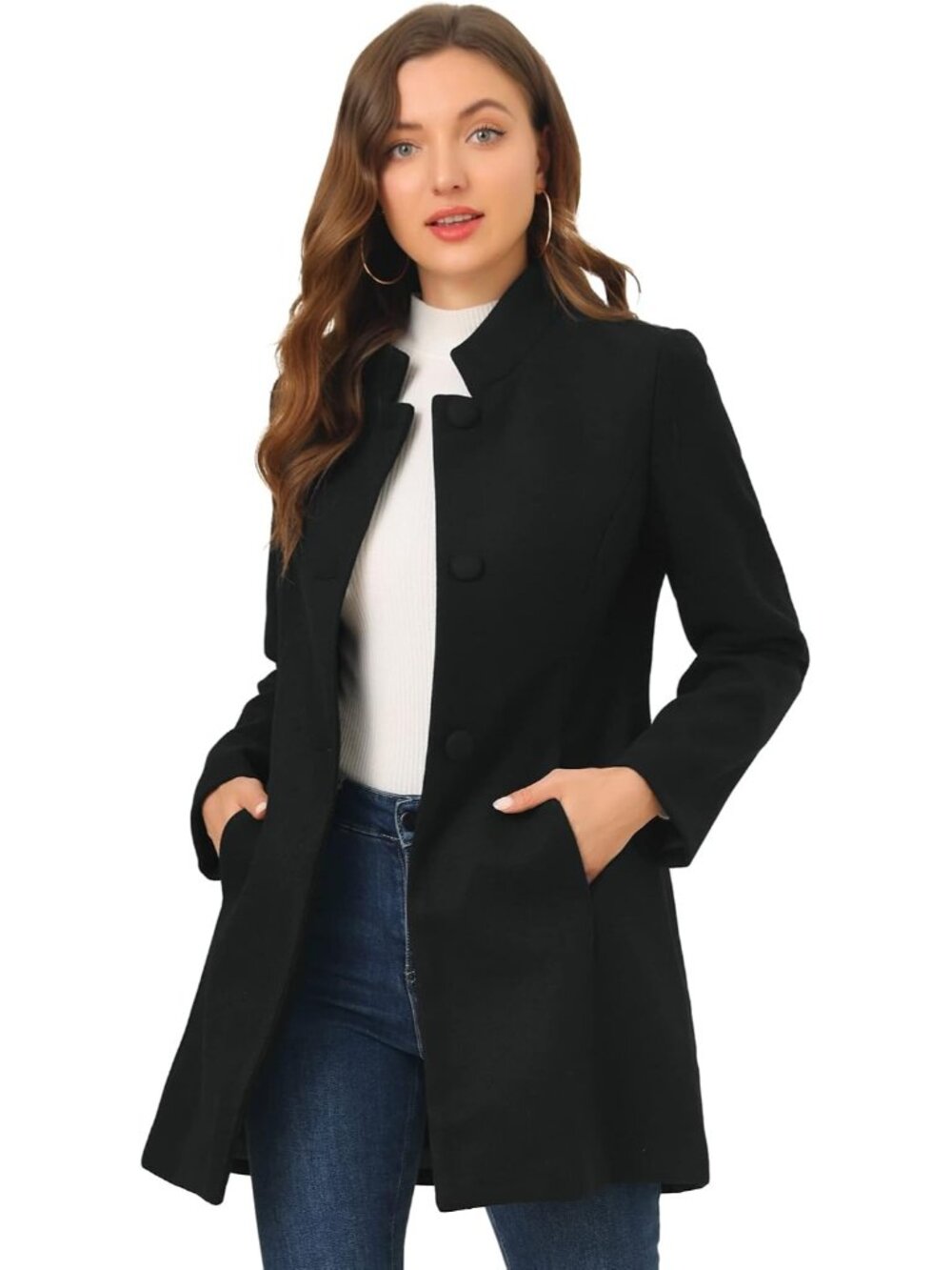 Women's Black Winter Overcoat Mid Long Stand Single Breasted Soft Pea Coat